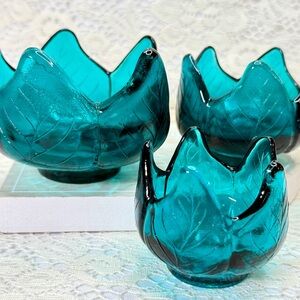 3 Teal Blue Recycled Glass Lotus Flower Candle Holder Petals Art Glass Bowls